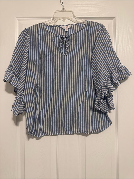 LC Lauren Conrad Tops - LC Lauren Conrad Blue & White Striped Ruffle Tie-Neck Blouse